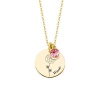Personalised Birthday Flower Necklace for Women Circular Pendant with Name and Birthstone Jewellery Gift for Mum, Grandma, Wife,Girlfriend (Gold)