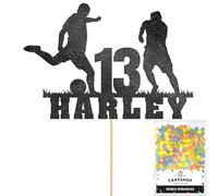 Personalised Birthday Football Footballer Cake Topper- Black Any Name & Age Glitter Cake Decoration and Sprinkles - Happy Birthday Decorations - Personalised Toppers for Cakes by Cakeshop