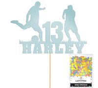 Personalised Birthday Football Footballer Cake Topper- Light Blue Any Name & Age Glitter Cake Decoration and Sprinkles - Happy Birthday Decorations - Personalised Toppers for Cakes by Cakeshop