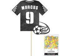 Personalised Birthday Football Kit Jersey Cake Topper- Black Any Name & Age Number Glitter Cake Decoration and Sprinkles - Happy Birthday Decorations - Personalised Toppers for Cakes by Cakeshop