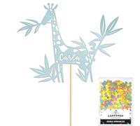 Personalised Birthday Jungle Giraffe Glitter Cake Topper Lt Blue Any Custom Age & Name Glitter Cake Decoration and Sprinkles - Happy Birthday Decorations - Personalised Toppers for Cakes by Cakeshop