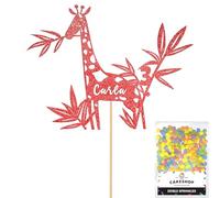 Personalised Birthday Jungle Giraffe Glitter Cake Topper- Red Any Custom Age & Name Glitter Cake Decoration and Sprinkles - Happy Birthday Decorations - Personalised Toppers for Cakes by Cakeshop