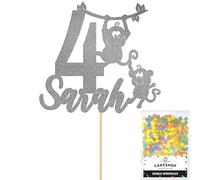 Personalised Birthday Jungle Monkey Glitter Cake Topper Dk Silver Any Custom Age & Name Glitter Cake Decoration and Sprinkles - Happy Birthday Decorations - Personalised Toppers for Cakes by Cakeshop