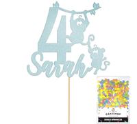 Personalised Birthday Jungle Monkey Glitter Cake Topper Lt Blue Any Custom Age & Name Glitter Cake Decoration and Sprinkles - Happy Birthday Decorations - Personalised Toppers for Cakes by Cakeshop