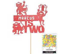 Personalised Birthday Jungle Monkey Glitter Cake Topper- Red Any Custom Age & Name Glitter Cake Decoration and Sprinkles - Happy Birthday Decorations - Personalised Toppers for Cakes by Cakeshop
