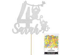Personalised Birthday Jungle Monkey Glitter Cake Topper Silver Any Custom Age & Name Glitter Cake Decoration and Sprinkles - Happy Birthday Decorations - Personalised Toppers for Cakes by Cakeshop