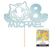 Personalised Birthday Jungle Tiger Glitter Cake Topper Lt Blue Any Custom Age & Name Glitter Cake Decoration and Sprinkles - Happy Birthday Decorations - Personalised Toppers for Cakes by Cakeshop