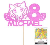 Personalised Birthday Jungle Tiger Glitter Cake Topper Lt Pink Any Custom Age & Name Glitter Cake Decoration and Sprinkles - Happy Birthday Decorations - Personalised Toppers for Cakes by Cakeshop