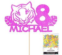 Personalised Birthday Jungle Tiger Glitter Cake Topper- Pink Any Custom Age & Name Glitter Cake Decoration and Sprinkles - Happy Birthday Decorations - Personalised Toppers for Cakes by Cakeshop