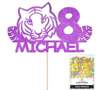 Personalised Birthday Jungle Tiger Glitter Cake Topper- Purple Any Custom Age & Name Glitter Cake Decoration and Sprinkles - Happy Birthday Decorations - Personalised Toppers for Cakes by Cakeshop