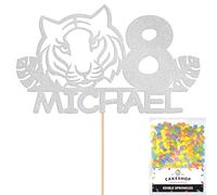 Personalised Birthday Jungle Tiger Glitter Cake Topper Silver Any Custom Age & Name Glitter Cake Decoration and Sprinkles - Happy Birthday Decorations - Personalised Toppers for Cakes by Cakeshop