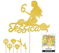 Personalised Birthday Mermaid Glitter Cake Topper- Gold Any Custom Age & Name Glitter Cake Decoration and Sprinkles - Happy Birthday Decorations - Personalised Toppers for Cakes by Cakeshop