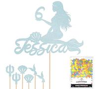 Personalised Birthday Mermaid Glitter Cake Topper- Light Blue Any Custom Age & Name Glitter Cake Decoration and Sprinkles - Happy Birthday Decorations - Personalised Toppers for Cakes by Cakeshop