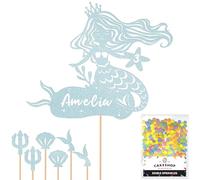 Personalised Birthday Mermaid Glitter Cake Topper- Light Blue Any Custom Age & Name Glitter Cake Decoration and Sprinkles - Happy Birthday Decorations - Personalised Toppers for Cakes by Cakeshop