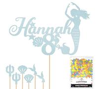 Personalised Birthday Mermaid Glitter Cake Topper- Light Blue Any Custom Age & Name Glitter Cake Decoration and Sprinkles - Happy Birthday Decorations - Personalised Toppers for Cakes by Cakeshop
