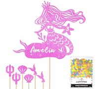 Personalised Birthday Mermaid Glitter Cake Topper- Light Pink Any Custom Age & Name Glitter Cake Decoration and Sprinkles - Happy Birthday Decorations - Personalised Toppers for Cakes by Cakeshop