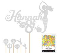 Personalised Birthday Mermaid Glitter Cake Topper- Light Silver Any Custom Age & Name Glitter Cake Decoration and Sprinkles - Happy Birthday Decorations - Personalised Toppers for Cakes by Cakeshop