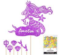 Personalised Birthday Mermaid Glitter Cake Topper- Purple Any Custom Age & Name Glitter Cake Decoration and Sprinkles - Happy Birthday Decorations - Personalised Toppers for Cakes by Cakeshop