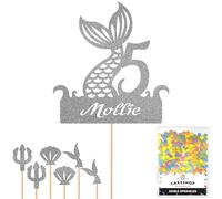 Personalised Birthday Mermaid Tail Glitter Cake Topper Dk Silver Any Custom Age & Name Glitter Cake Decoration and Sprinkles - Happy Birthday Decorations - Personalised Toppers for Cakes by Cakeshop