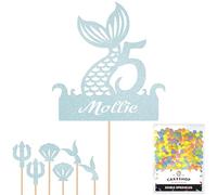 Personalised Birthday Mermaid Tail Glitter Cake Topper Lt Blue Any Custom Age & Name Glitter Cake Decoration and Sprinkles - Happy Birthday Decorations - Personalised Toppers for Cakes by Cakeshop