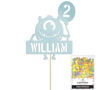 Personalised Birthday Monster Alien Glitter Cake Topper Lt Blue Any Custom Age & Name Glitter Cake Decoration and Sprinkles - Happy Birthday Decorations - Personalised Toppers for Cakes by Cakeshop