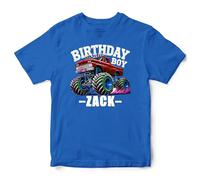 Personalised Birthday Monster Truck Boys T Shirt Kids Custom Name Motor Racing Bday Boy Tee, 3-4 Years, Royal Blue