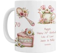 Personalised Birthday Mug, Floral Tea Cup & Tea Pot Design with Butterfly and Cakes Gift for Her Women 40th 50th 60th 70th 80th Mum Nan, White Ceramic