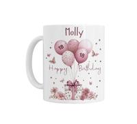 Personalised Birthday Mug, Pink Present, Balloons and Flowers Design, White Ceramic, for 18th 21st 30th 40th 50th 60th 70th 80th