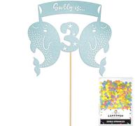 Personalised Birthday Narwhal Glitter Cake Topper- Light Blue Any Custom Age & Name Glitter Cake Decoration and Sprinkles - Happy Birthday Decorations - Personalised Toppers for Cakes by Cakeshop