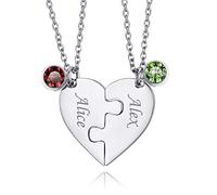Personalised Birthday Necklace for Women Girlfriend 2 Pieces Heart Puzzle Necklace with Birthstones