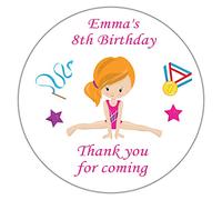 Personalised Birthday Party Stickers for Favour Sweet Cones Loot Bags Gymnastics Girl Red Hair (35 Stickers (37mm Diameter))
