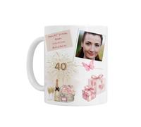 Personalised Birthday Photo Mug with Champagne & Floral Design, Gift for 18th 21st 40th 50th 60th 70th. White Ceramic (40th Birthday)