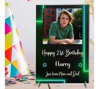 Personalised Birthday Photo Plaque | Custom Name, Age & Message | A5 Freestanding Acrylic or MDF Sign | Birthday Gift for Son, Grandson, Brother, Friend | Any Age (Green Neon, Acrylic)