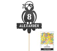 Personalised Birthday Pirate Parrot Glitter Cake Topper- Black Any Custom Age & Name Glitter Cake Decoration and Sprinkles - Happy Birthday Decorations - Personalised Toppers for Cakes by Cakeshop