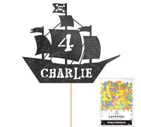 Personalised Birthday Pirate Ship Glitter Cake Topper- Black Any Custom Age & Name Glitter Cake Decoration and Sprinkles - Happy Birthday Decorations - Personalised Toppers for Cakes by Cakeshop