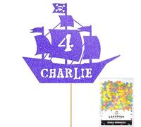 Personalised Birthday Pirate Ship Glitter Cake Topper- Blue Any Custom Age & Name Glitter Cake Decoration and Sprinkles - Happy Birthday Decorations - Personalised Toppers for Cakes by Cakeshop