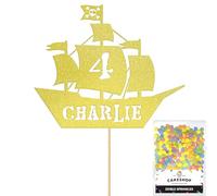 Personalised Birthday Pirate Ship Glitter Cake Topper Champagne Any Custom Age & Name Glitter Cake Decoration and Sprinkles - Happy Birthday Decorations - Personalised Toppers for Cakes by Cakeshop