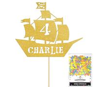 Personalised Birthday Pirate Ship Glitter Cake Topper- Gold Any Custom Age & Name Glitter Cake Decoration and Sprinkles - Happy Birthday Decorations - Personalised Toppers for Cakes by Cakeshop