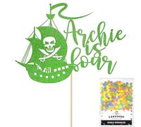 Personalised Birthday Pirate Ship Glitter Cake Topper- Green Any Custom Age & Name Glitter Cake Decoration and Sprinkles - Happy Birthday Decorations - Personalised Toppers for Cakes by Cakeshop