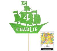 Personalised Birthday Pirate Ship Glitter Cake Topper- Green Any Custom Age & Name Glitter Cake Decoration and Sprinkles - Happy Birthday Decorations - Personalised Toppers for Cakes by Cakeshop