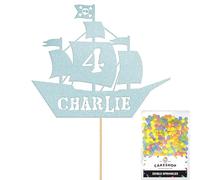 Personalised Birthday Pirate Ship Glitter Cake Topper Lt Blue Any Custom Age & Name Glitter Cake Decoration and Sprinkles - Happy Birthday Decorations - Personalised Toppers for Cakes by Cakeshop