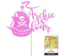 Personalised Birthday Pirate Ship Glitter Cake Topper Lt Pink Any Custom Age & Name Glitter Cake Decoration and Sprinkles - Happy Birthday Decorations - Personalised Toppers for Cakes by Cakeshop