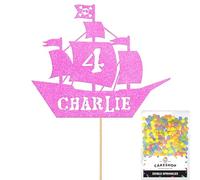 Personalised Birthday Pirate Ship Glitter Cake Topper Lt Pink Any Custom Age & Name Glitter Cake Decoration and Sprinkles - Happy Birthday Decorations - Personalised Toppers for Cakes by Cakeshop