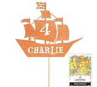 Personalised Birthday Pirate Ship Glitter Cake Topper- Orange Any Custom Age & Name Glitter Cake Decoration and Sprinkles - Happy Birthday Decorations - Personalised Toppers for Cakes by Cakeshop