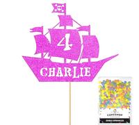 Personalised Birthday Pirate Ship Glitter Cake Topper- Pink Any Custom Age & Name Glitter Cake Decoration and Sprinkles - Happy Birthday Decorations - Personalised Toppers for Cakes by Cakeshop