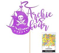 Personalised Birthday Pirate Ship Glitter Cake Topper- Purple Any Custom Age & Name Glitter Cake Decoration and Sprinkles - Happy Birthday Decorations - Personalised Toppers for Cakes by Cakeshop