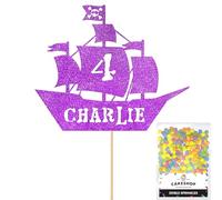 Personalised Birthday Pirate Ship Glitter Cake Topper- Purple Any Custom Age & Name Glitter Cake Decoration and Sprinkles - Happy Birthday Decorations - Personalised Toppers for Cakes by Cakeshop
