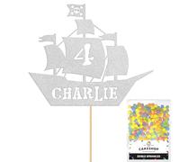 Personalised Birthday Pirate Ship Glitter Cake Topper Silver Any Custom Age & Name Glitter Cake Decoration and Sprinkles - Happy Birthday Decorations - Personalised Toppers for Cakes by Cakeshop