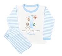Personalised Birthday Pyjama Set Blue Stripe Boys Unisex Space Theme Rocket Moon Planet with Name and Age 100% Cotton It's my birthday today (UK, Age, 5 Years, 6 Years, Pyjamas: Blue Stripe)