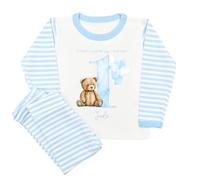 Personalised Birthday Pyjama Set Blue Stripe Boys Unisex Teddy Bear Design with Name and Age - 100% Cotton Made in GB When I wake up I will be (UK, Age, 9 Months, 12 Months, Pyjamas: Blue Stripe)
